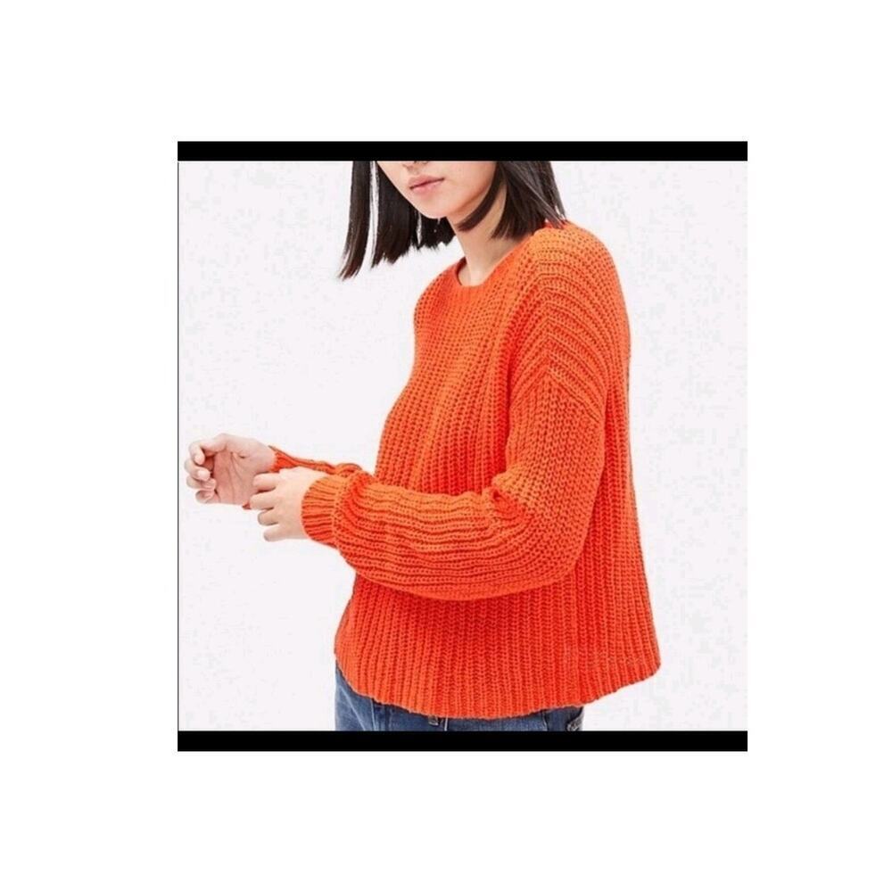 Eileen Fisher Cozy Cropped Organic‎ Cotton Ribbed Sweater Red Orange Size: L